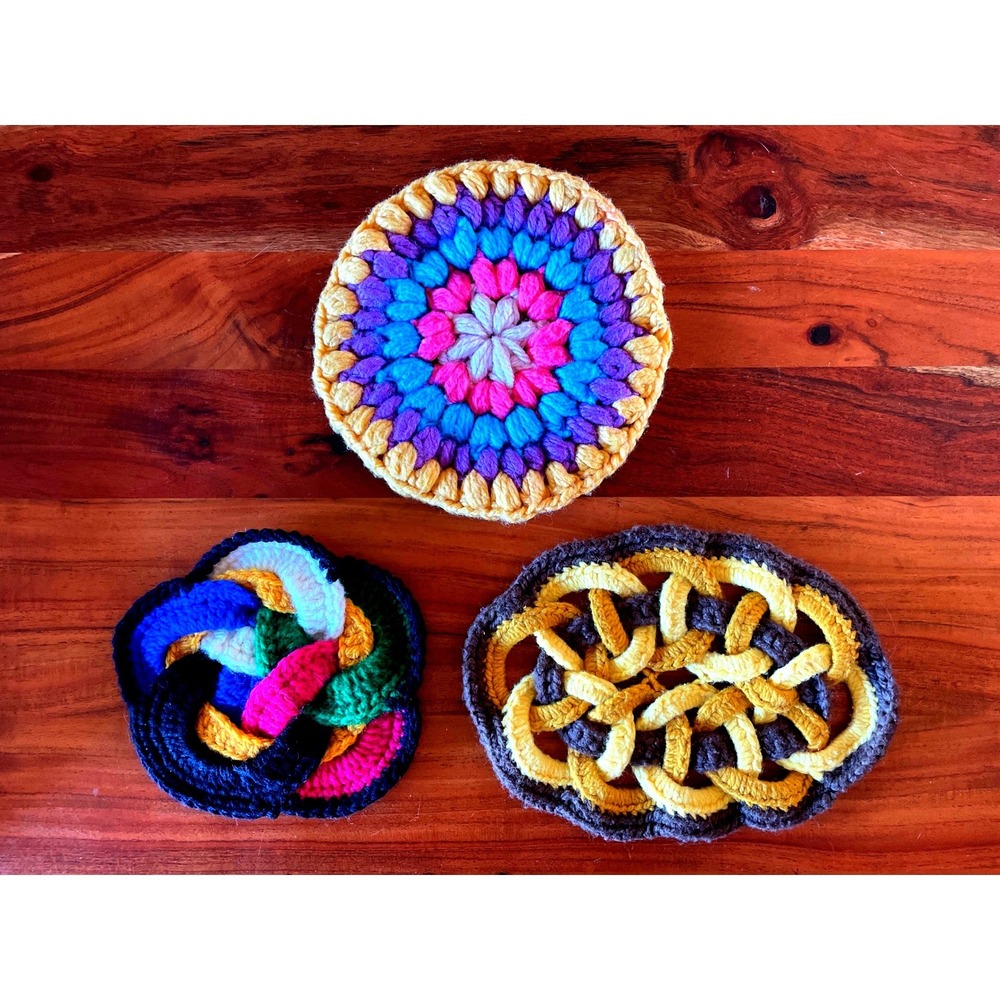 Vintage Handmade Crochet Trivets Set of 3 Retro Boho Pot Holders Multi Color 70s